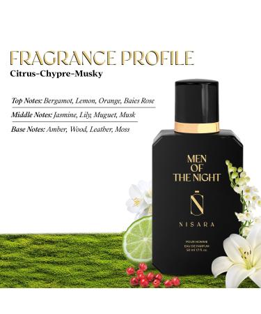 Nisara Men of the Night Perfume for Men - 50 ml | Long Lasting Eau De Parfum | Premium Perfume | Citrus-Chypre-Musky Fragrance | With Bergamot Lemon Orange Amber Wood Leather| EDP Scent for men - Buy Online on GoSupps.com