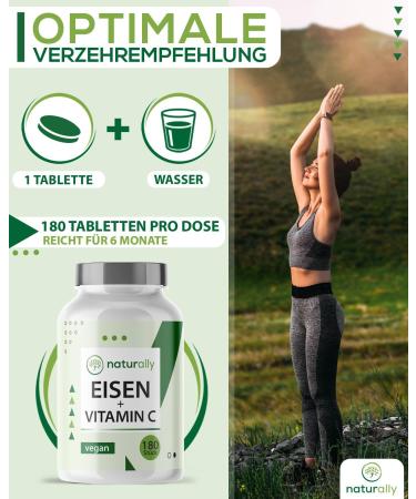 Naturally Iron Tablets with Vitamin C | 180 Vegan Iron Bisglycinate Tablets | 20mg Highly Bioavailable | No Additives | Lab Tested | Made in Germany - Buy Online on GoSupps.com