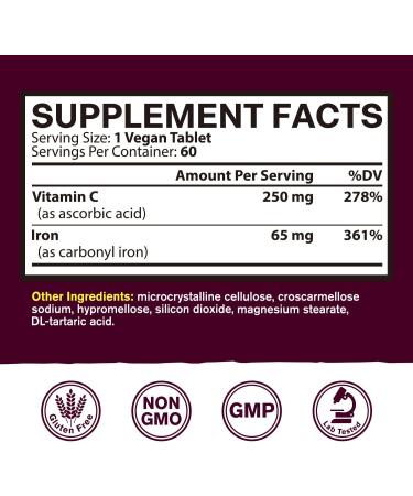 Vitacook High Potency Iron Supplement with Vitamin C - Vegan Iron for Energy, Muscle & Immune Support - 60 Count - Buy Online on GoSupps.com