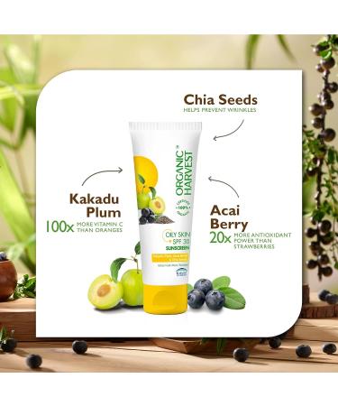 Organic Harvest Sunscreen SPF 30 with Blue Light Technology | UVA & UVB Protection | PA+++ | Hydrating & Nourishing | For Oily Skin | 100% Certified Organic | Sulphate & Paraben Free - 100gm - Buy Online on GoSupps.com