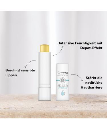 Lavera Basis Sensitive Lip Balm for sensitive lips moisturizes and soothes with organic jojoba oil and organic almond oil vegan - Buy Online on GoSupps.com