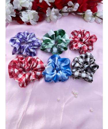 6 Satin Scrunchies Extra large Oversize Hair Scrunchies Frizz Prevention Silk Scrunchies for Girls & Stylish Hair Ties for Women Premium Hair Scrunchie for Styling (Check X-Large)