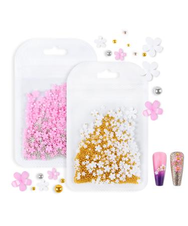 3D Flower Nail Charms Rhinestone Flowers with Pearl Golden Silver Beads Nail Art Supplies for Professionals (White Silver+Pink Gold)