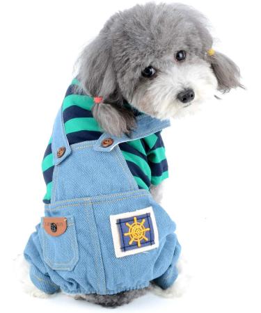 Ranphy Striped Pet Jumpsuit for Small Dogs - Cute Summer Pajamas for Chihuahuas & Yorkies - Cotton Denim Jacket in Blue & Green - XS (Chest: 30cm Back: 20cm) - International Shipping Available - Buy Online on GoSupps.com