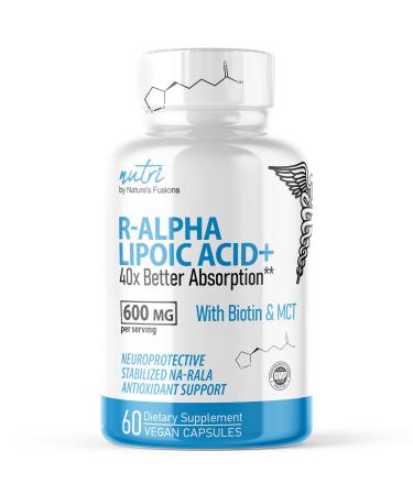 Nutri R Alpha Lipoic Acid 600mg Capsules - R Lipoic Acid Stabilized with Biotin - Active Form R-ALA - Clinical Dosage - Powerful Antioxidant and Cellular Energy Support - 60 Vegan Capsules 60 Count (Pack of 1)