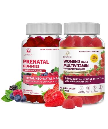 Prenatal Vitamin and Womens Multivitamin Gummies Bundle Non-GMO Gluten Free No Corn Syrup All Natural Supplements - 60 ct Prenatal Gummies and 60 ct Womens Multivitamin Gummies