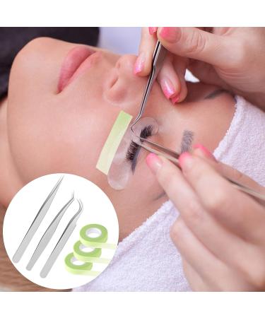 Eyelash Extension Tape Roll with Tweezers Set - Green Micropore Fabric Tape 0.5 Inch 10 Yards, 3 PCS Straight Pointed and Curved Silver Tweezers - Buy Online on GoSupps.com