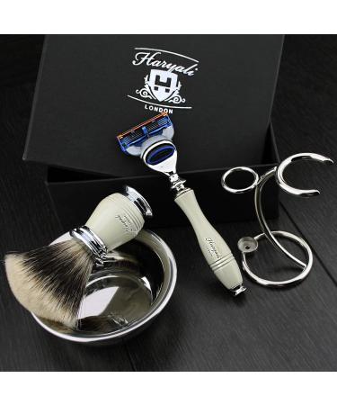 4 Pc Men's Shaving Kit - 5 Blade Razor Silver Tip Badger Brush Stand & Stainless Steel Bowl | Perfect Grooming Set for Men - Buy Online on GoSupps.com