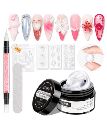 SUPWEE 3D Nail Art Gel - 14g - Non-stick gel - Solid Builder - For nail extensions - With nail brush and silicone mold - For manicures - Pearl white