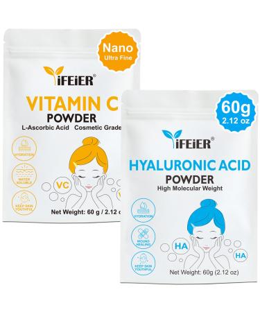 Discount Combo: iFEiER High Molecular Weight Hyaluronic Acid 60g(2.12oz) + iFEiER Cosmetic Grade Vitamin C Powder for face | Nano Ultra Fine | Pure Vitamin C serum powder 60g(2.12oz)