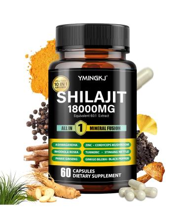 Shilajit Capsules 18000mg (60 Capsules) 10 in 1 - Shilajit Extract with Ashwagandha Rhodiola Rosea Panax Ginseng Cordyceps Turmeric Ginkgo Fulvic Acid Trace Minerals Supplement Gluten Free 60 Count (Pack of 1)