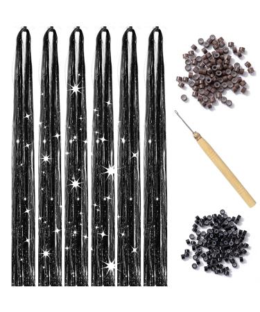 Black Hair Tinsel Kit with Tool 6pcs 1200 Strands Hair Tinsel Heat Resistant Fairy Hair Sparkling Shiny Glitter Tinsel Hair Extensions for Women Girls Kids 47Inch Black 6pcs