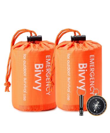 Esky Emergency Sleeping Bag 2 Pack Portable Survival Thermal Bivy Sack Waterproof Lightweight Survival Shelter Blanket Bags with Compass and Whistle for Camping Hiking Outdoor Adventure Orange