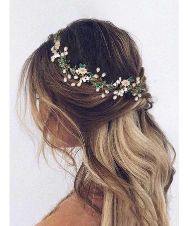 IYOU Bridal Wedding Hair Vine Green Flower Headpiece Daisy Pearls Headband Prom Party Hair Accessories for Brides and Bridesmaids