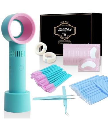 Eyelash Extension kit Including Eyelash Fan Precision Tweezers 50 Disposable Eyelash Brush Sticks 20 Pairs of Under-Eye Gel Pads 2 Tapes 100 Micro applicators (Blue Pink kit) Blue Powder Kit