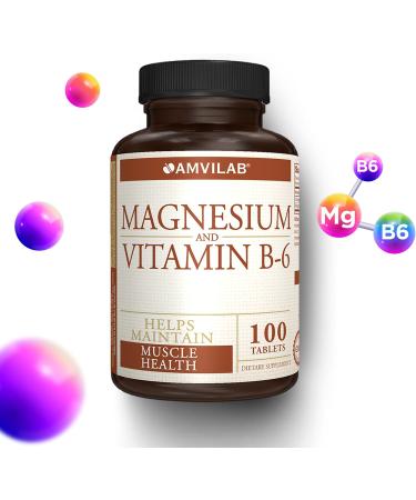 Amvilab Magnesium and Vitamin B6 - Helps Maintain Muscle Health - Supports Brain Health & Nerve Function - Helps Daily Vitality & Sleep Quality - Recovery Boost - Dietary Supplement - 100 Tablets - Buy Online on GoSupps.com