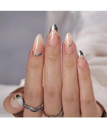 BTArtbox Press On Nails Almond - Silver Designs Stick on Nails Medium Supremely Fit & Glossy False Nails with Glue in 15 Sizes - 30 Fake Nails Kit Zoomers A-Zoomers