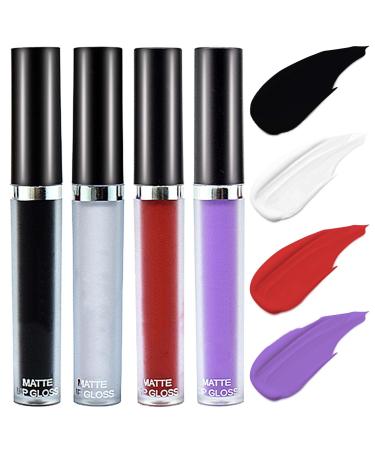 4 Pcs Black White Red Purple Matte Liquid Lipstick Sets Highly Pigmented Nude Lipstick Lip Stain Matte Lipstick for Women Lip Gloss Gift Set Waterproof Long Lasting Smudge Proof Matte Finish