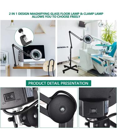 15X Magnifying Floor Lamp with Clamp and Rolling Base - 2280 Lumens, 15-Diopter Real Glass, LED Magnifying with Adjustable White Light for Reading, Sewing, Beauty, Repair - Black - Buy Online on GoSupps.com