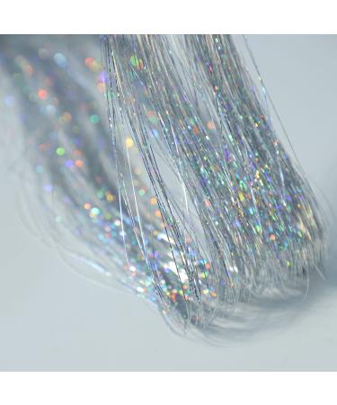 220 Strands Hair Tinsel Extensions Holographic Sparkle Hair Tinsel Strands Glitter Extensions 47" Shiny Straight Hair Extensions for Girls Party Fun Hair Accessories Gifts (Silver) Silver-220strands