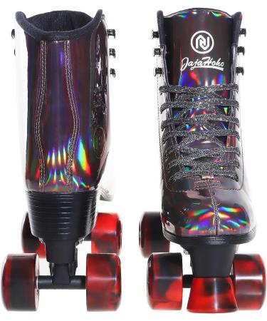 JajaHoho Women's Black Holographic High Top Roller Skates | Double-Row Quad Skates for Girls and Women, US 8 | Indoor Outdoor PU Leather Rollerskates - Buy Online on GoSupps.com