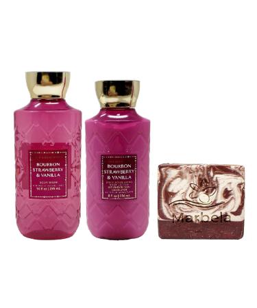 Bath & Body Works Bourbon Strawberry & Vanilla Duo Gift Set with a Cherry On Top Bar Soap - Body Wash and Body Lotion - Full Size