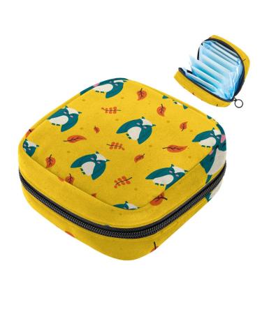Menstruation pad bag with zipper women's napkin bag tampons collective bags for women and girls (cute cartoon owl maple leaf pattern)