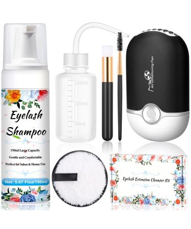 Qinzave 150ml Eyelash Extension Cleanser with USB Fan, Lash Shampoo for Extension with Makeup Remover Pad Rinse Bottle Mascara Brush Cleaning Brush,Paraben Sulfate Free Lash Shampoo for Salon Home Use Black