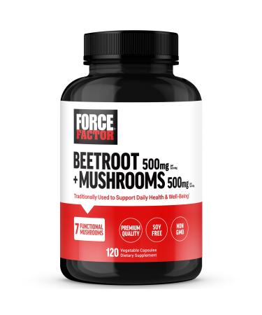 Force Factor Beetroot + Mushrooms Supplement for Great Health Beet Root Capsules with 7 Functional Mushrooms Lion s Mane Cordyceps & More Soy Free Non-GMO 120 Capsules
