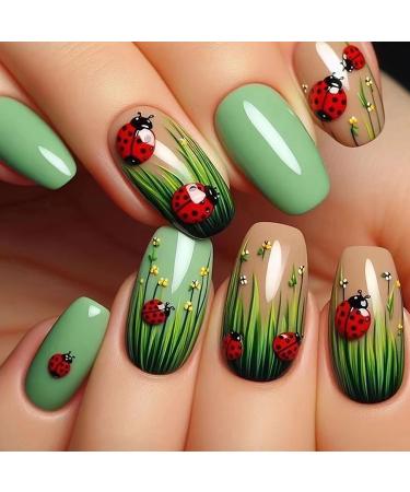 24 Pcs Green Press on Nails Square Shape Summer Ladybug Fake Nails Medium Length Reusable Flowers and Plants Acrylic Nails with Glossy Full Cover Solid Color False Nails Glue on Nails for Women Girls