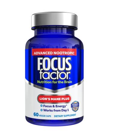 Focus Factor Lions Mane Plus Advanced Nootropic with L-Theanine Caffeine Focus and Energy (60 Count) 60 Count (Pack of 1)