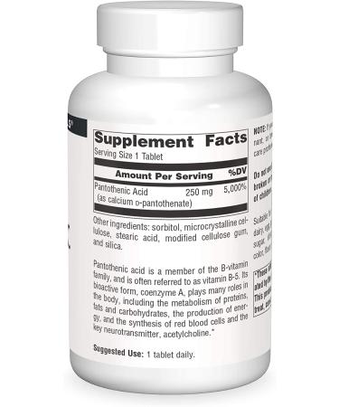 Source Naturals Pantothenic Acid 250 mg - 250 Tablets for Energy & Metabolism - Buy Online on GoSupps.com