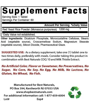Best Naturals Red Yeast Rice 1200mg 60 Tablets - Citrinin Free for Heart Health - Buy Online on GoSupps.com