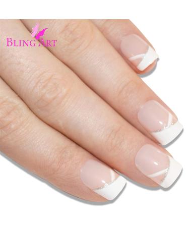 Bling Art False Nails - French Manicure White Glitter | 24 Medium Tips with Glitter Stars | International Shipping - Buy Online on GoSupps.com
