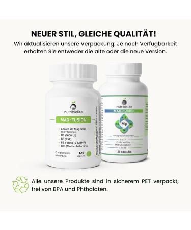 Magnesium Citrate and Vitamins B6 B9 Folate B12 and D3 Fatigue Muscle Function Joints and Homocysteine - 120 Capsules - MAG-FUSION - Buy Online on GoSupps.com