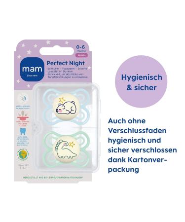 Buy Mam Perfect Night Pacifier Set (2-Pack) - Glow in the Dark Organic Tooth-Friendly for Babies 0-6 Months - Includes Pacifier Box - Bear & Dino Design - Buy Online on GoSupps.com