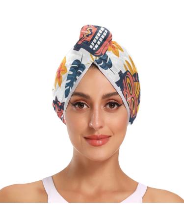 Seamless Tropical Aloha Totem Mask Hair Towel 2 Pack Super Absorbent Hair Drying Towel Quick Dry Hair Turbans Head Towel with Button Twisty Wrap for Women Girls