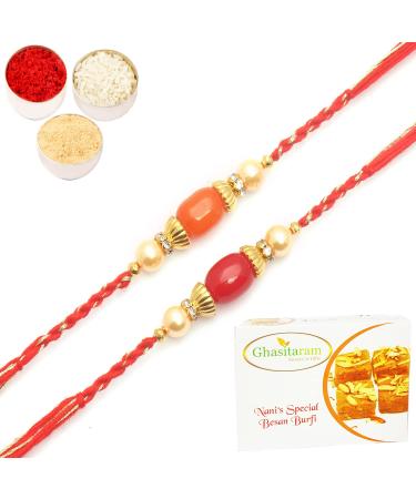Ghasitaram Gifts Rakhi for Brother Rakhis Online - Set of 2-6794 Rakhis with 200 GMS of Besan Barfi Rakhi Set with 200 gms of Besan Barfi