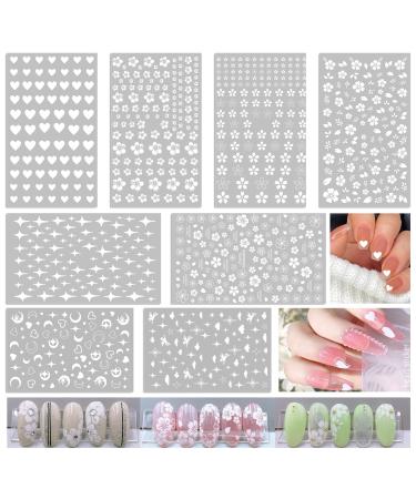 SILPECWEE White Flower Star Heart Nail Stickers - 8 Sheets | 3D Nail Art Decals for DIY & Salon | Manicure Kit with Tweezers - Buy Online on GoSupps.com
