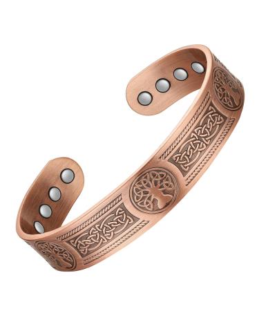 Jecanori Copper Magnetic Bracelets for Men Triple Tree of Life Pattern Solid Copper Brazaletes with 12pcs Ultra Strong Magnets Adjustable Size Cuff Bangle with Jewelry Gift Box Tritree-copper