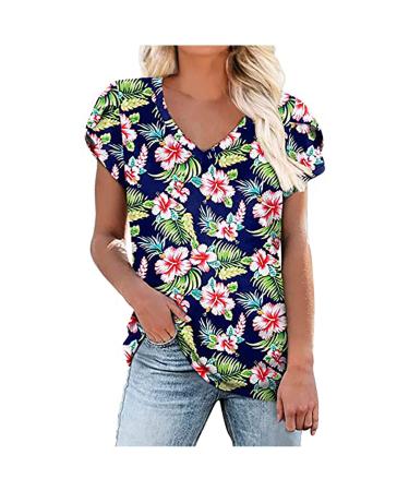 Petal Sleeve Tops for Women Loose Sexy Vneck Summer Pullover Floral Printed Lightweight Soft Blouses Tshirts Blue Large