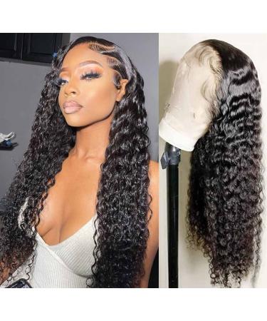 Xudoufu 26 Inch Front Wigs Human Hair Pre Plucked 13x4 HD Transparent Lace Frontal Curly Wigs for Black Women Deep Wave Wig with Baby Hair 150 Density Natural Color 26 Inch 13x4 Deep Wave