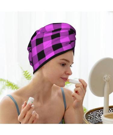 Hair Towel Wrap - Fast Drying Towel Turban with Button Purple Black Buffalo Plaid - Buy Online on GoSupps.com