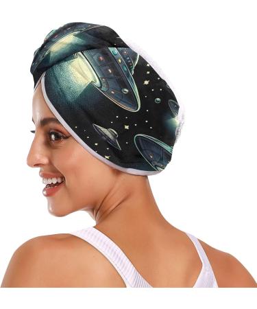 Flying Saucer Dark Cosmos Hair Towel 2 Pack - Super Absorbent Quick Dry Hair Turbans for Women & Girls - Buy Online on GoSupps.com