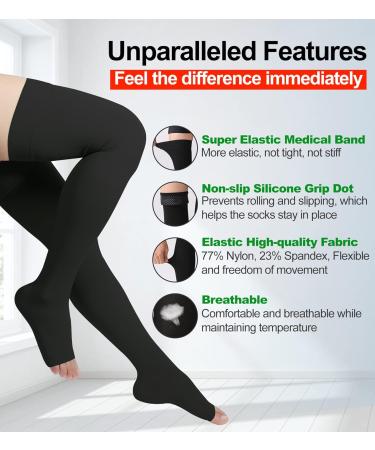 Open Toe Thigh High Compression Stockings Pair - 20-30mmHg Firm Support, Silicone Band, Unisex, Best for Veins & Edema - Black, Size S - Buy Online on GoSupps.com