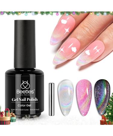 beetles Gel Polish 15ml Holographic 9D Cat Eye Shiny Glitter Rainbow Effect Cat Eye Soak Off Uv Gel Nail Polish with Magnetic Stick for DIY Nail Salon Fall Nail Art Christmas Nails A-Rainbow Cat eye with magnet
