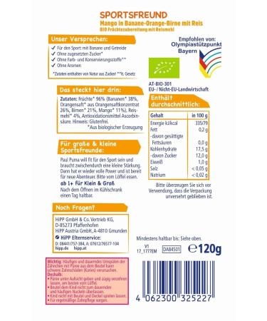 Hipp Sportsfreund Quetschbag - Organic Mango-Banana Rice Puree (6x120g) - No Added Sugar - 100% Fruit - International Shipping - Buy Online on GoSupps.com