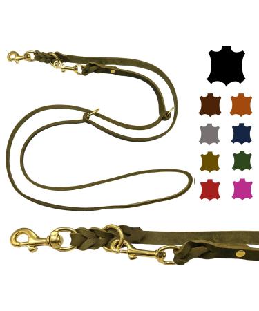 Dogeline fat leather brass small dogs / large dogs 2m / 2.40m / 2.80m / 3.50m / 5m Double linen adjustable (3.50m x 8mm olive green) 3.50m x 8mm olive -green