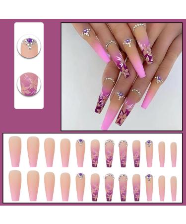 24 Pcs Long Coffin French Ballerina Fake Nails Set with Jelly Glue Sticker - Pink Floral Design for Women and Girls - Buy Online on GoSupps.com