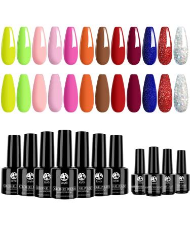 Gel Nail Polish Set, Joytii 12Pcs Neon Color Gel Polish Kit with No Wipe Gel Base and Top Coat Kit for Manicure and Pedicure